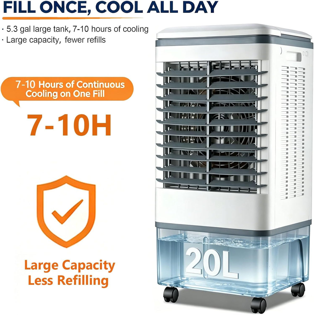 GENERIC Refroidisseur D'air Et Ventilateur Portables, Roulettes Roulantes à 360°, Oscillation à 120°, Réservoir De 20 L, 3 Vitesses, Refroidissement De 1177 CFM, Idéal For Appartement Et Bureau