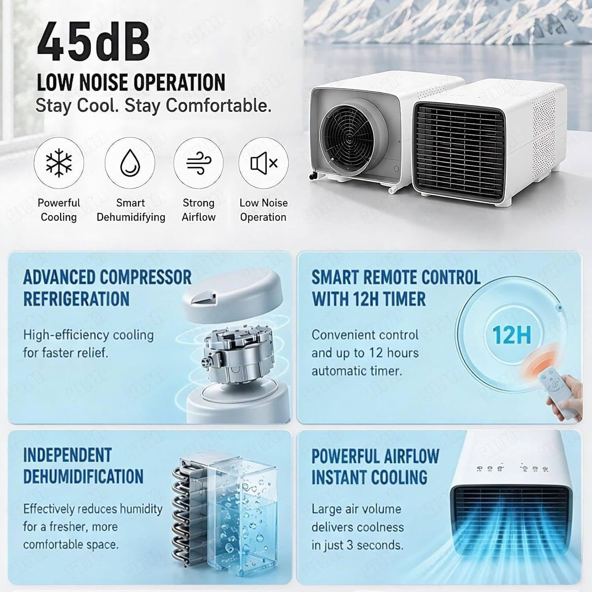  Climatiseur Mobile 2700 BTU, 280 W Basse Consommation | Vrai Compresseur Sans Eau Ni Glace, Refroidissement Rapide, Bruit 45 DB Et Format Compact Pour Dortoir, Bureau Et Caravane
