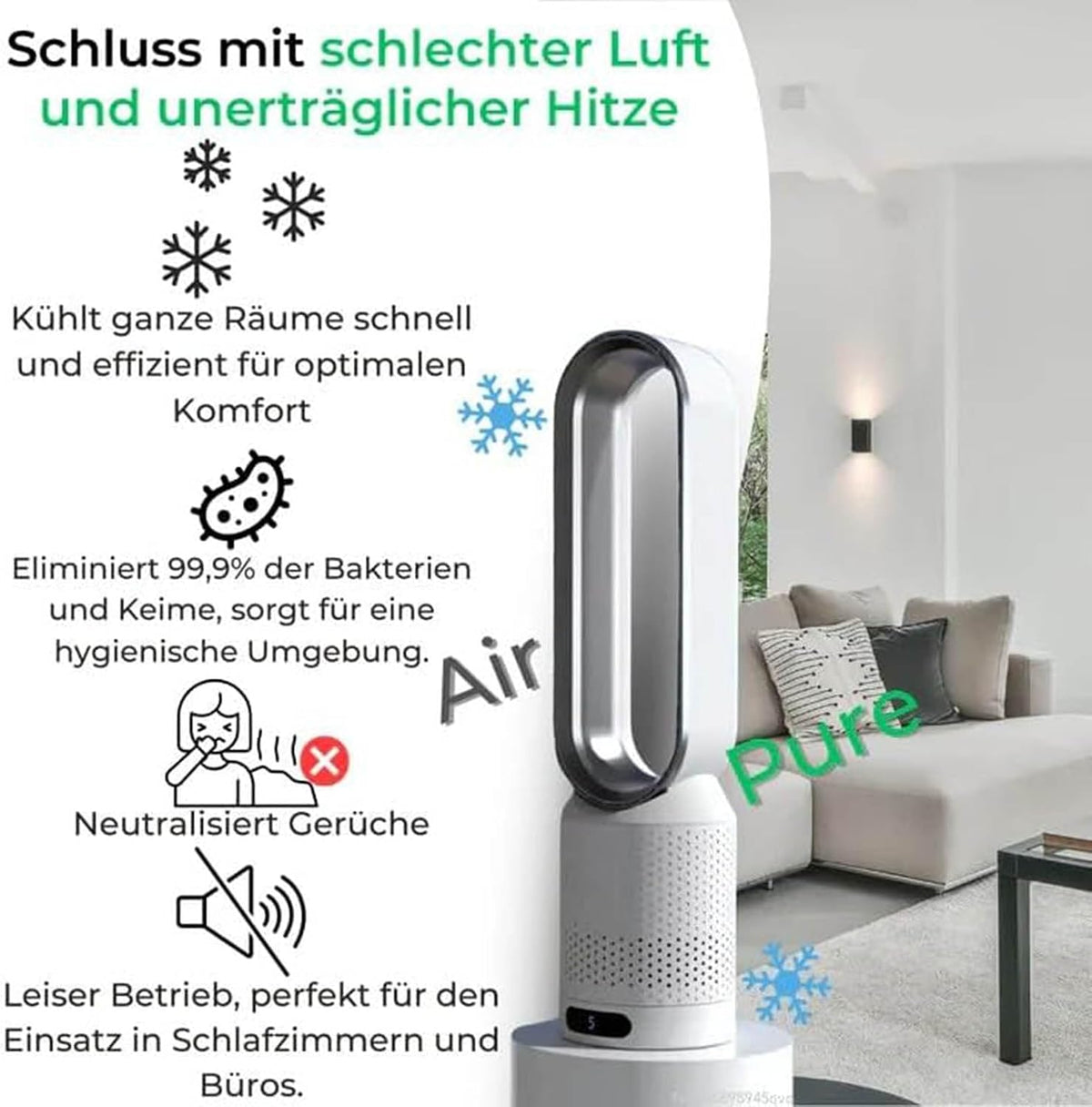 GENERIC Ventilateur Tour 3 En 1, Ventilateur De Refroidissement Sans Pales De 58,4 Cm Avec Télécommande, Ventilateur De Bureau Oscillant à 90°, Minuterie 2H, Circulation D'air Silencieuse Pour Chambre à