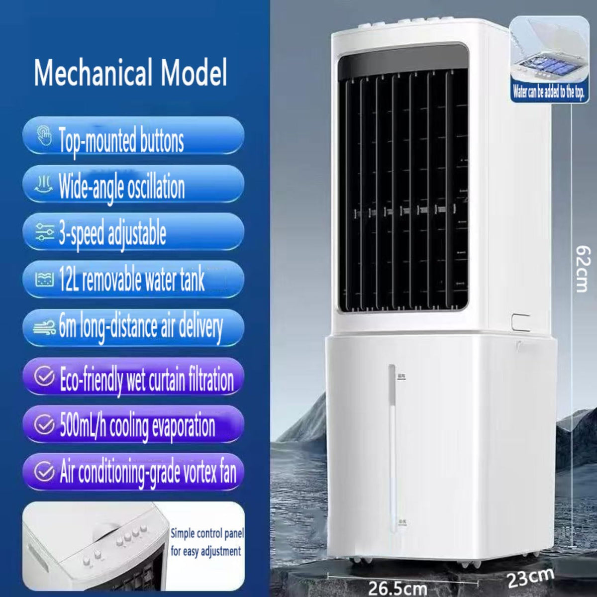 GENERIC Refroidisseur D'air évaporatif Portable Avec Réservoir D'eau 12L Et 2 Packs De Glace 60W Efficace énergétique 3 Vitesses 90° Oscillation 35dB Unité De Refroidissement De Ventilateur D'économie D'espac