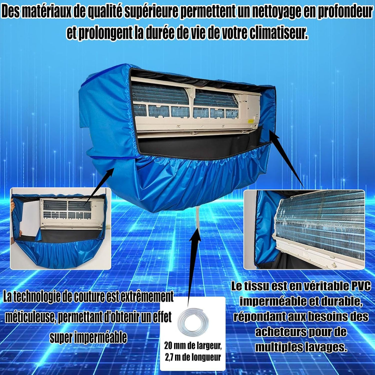  Kit De Nettoyage Pour Climatiseur Split(Panneaux Latéraux Améliorés), Avec Un Espace Supplémentaire Sac De Nettoyage Pour Climatiseur Split(Bleu Foncé, Grand, 18 Pièces)