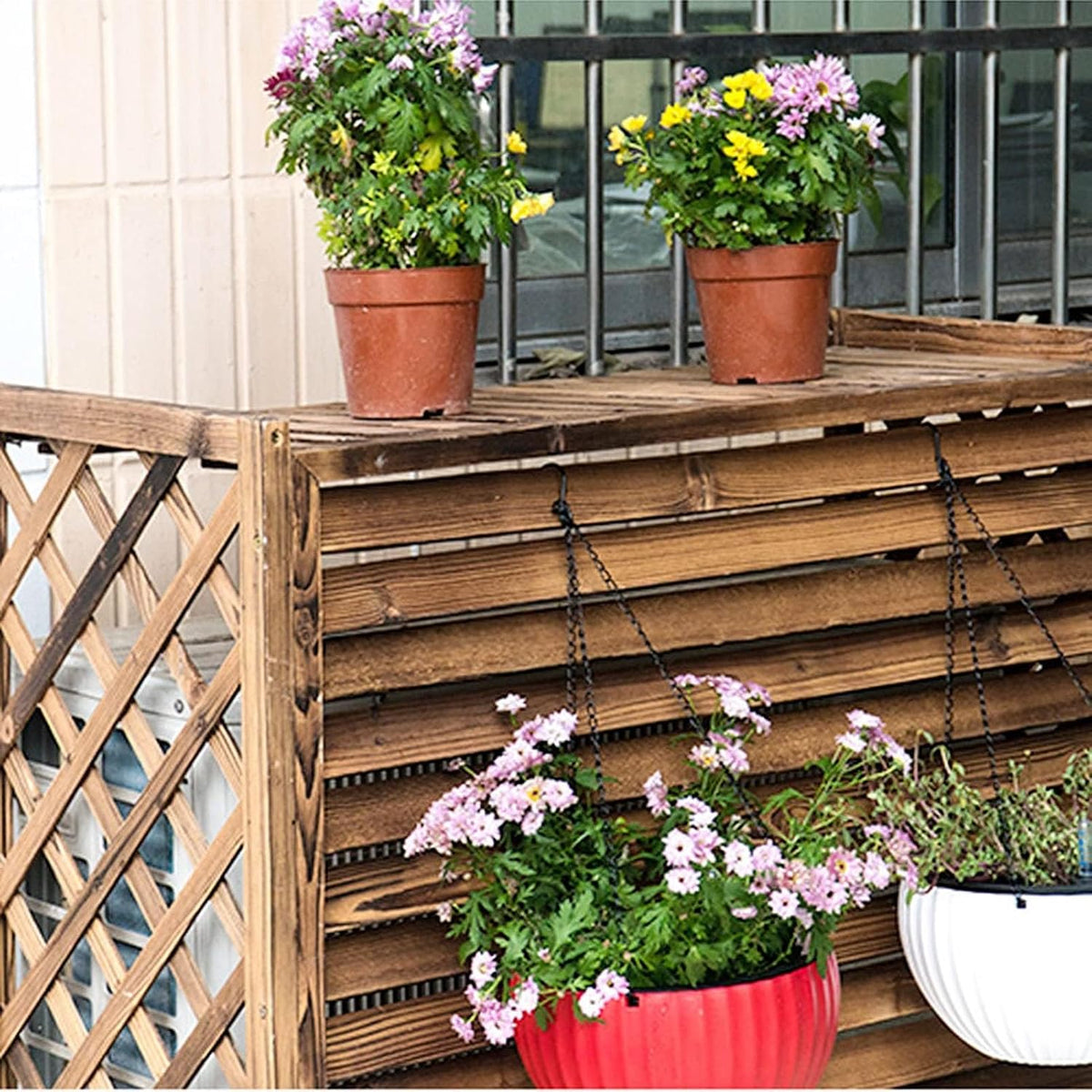 GENERIC Housse De Protection En Bois Pour Climatiseur - Brise-vue - Support De Fleurs Robuste - Protection Pour Unité Extérieure - Décoration De Jardin, Balcon - Support Pour Plantes - Design Résistant Aux