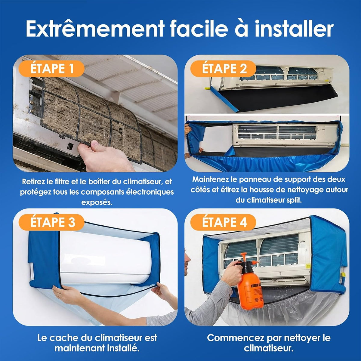  Kit Entretien Climatisation, Kit De Nettoyage Climatisation Split Pour Climatiseur, Bache Nettoyage Clim Avec Parois Latérales Renforcées (Bleu Et Blanc Transparent, Type A)