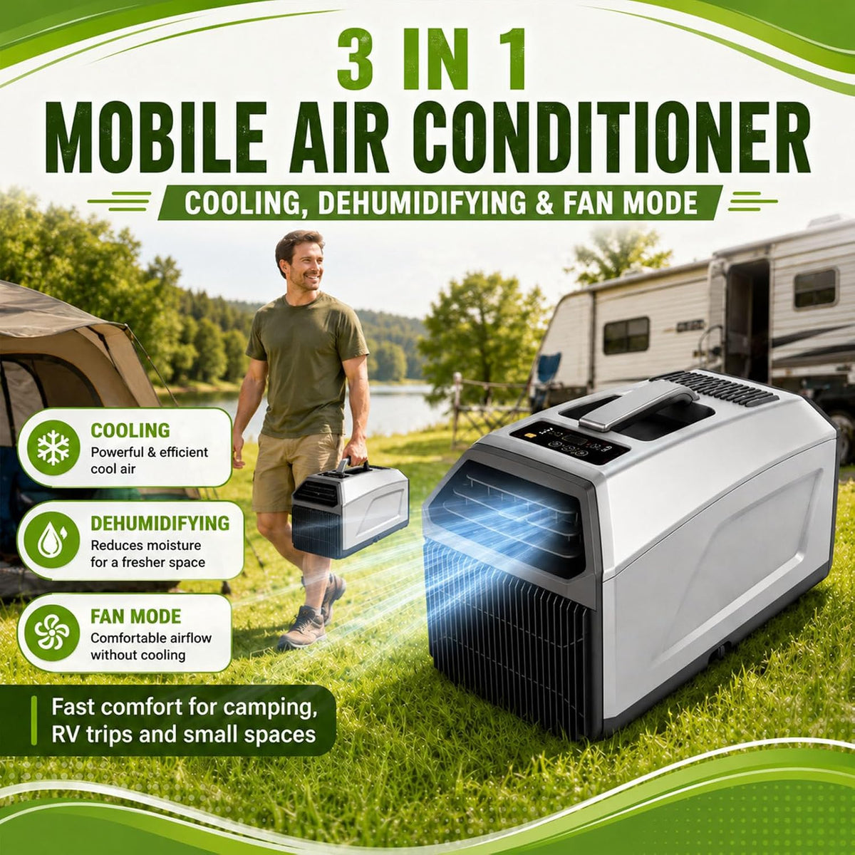  Climatiseur De Tente 2026,Unité De Climatisation Mobile Avec Double Tuyau,Refroidissement 3 En 1,Déshumidificateur Et Ventilateur, Minuterie 24 H,Auto-Évaporation,Télécommande 1500W