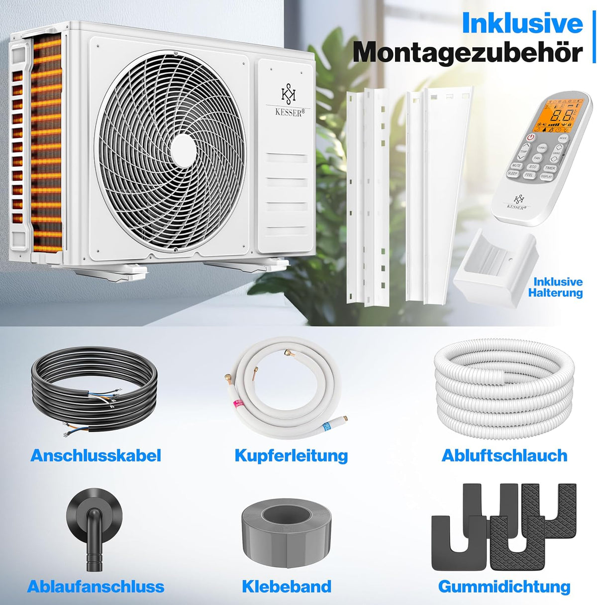  KESSER® Climatiseur SET Split – Wi-Fi/application – Refroidissement A++/chauffage A+ – Réfrigérant R32 – Télécommande, Matériel De Montage 9 000 BTU/h (2 600 Watts) Blanc [Classe énergétique A++]