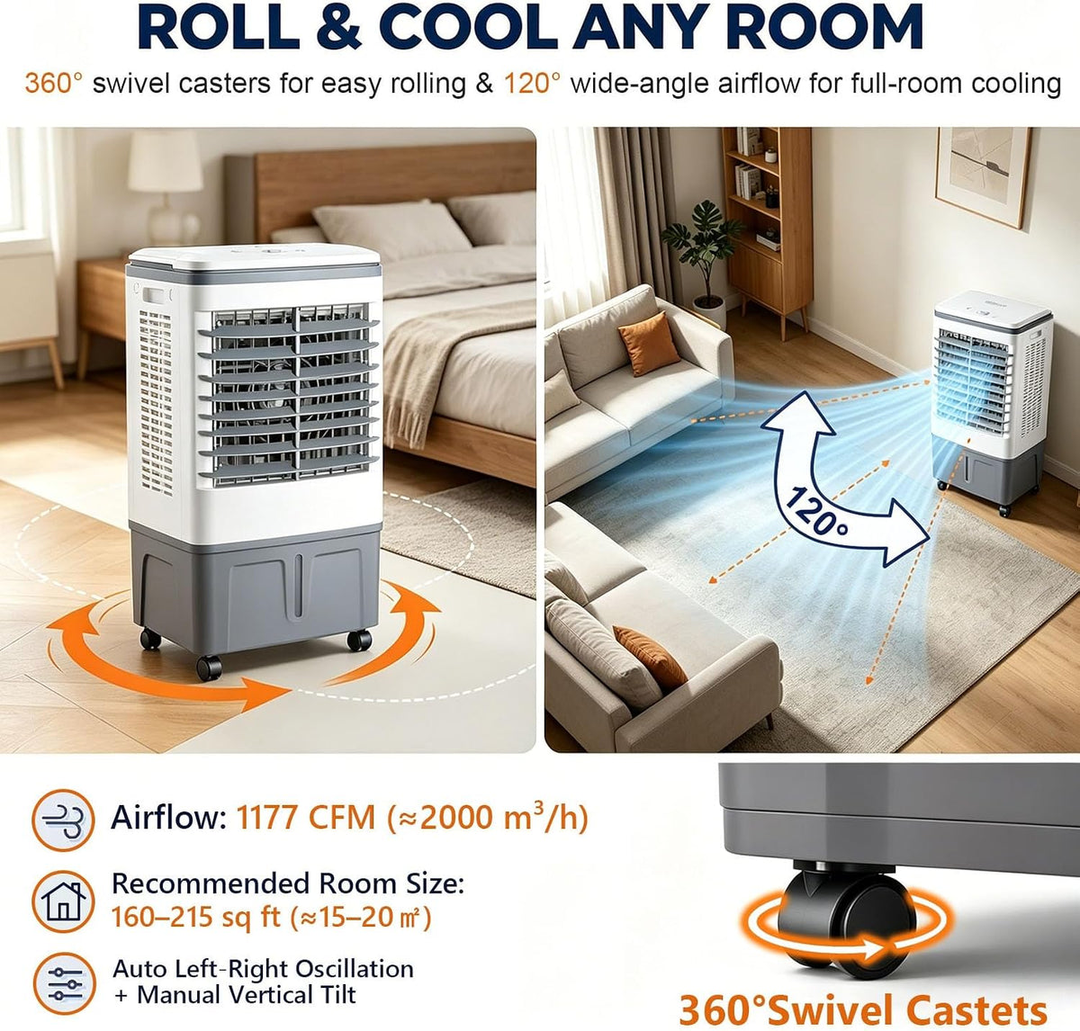 GENERIC Ventilateur Refroidisseur D'air Portable 3 En 1, Réservoir 20 L, Oscillation 120°, 4 Roues, 3 Réglages De Vitesse, Rideau D'eau, Sans Tuyau, 80 W, Comprend 2 Blocs De Glace, For Atelier