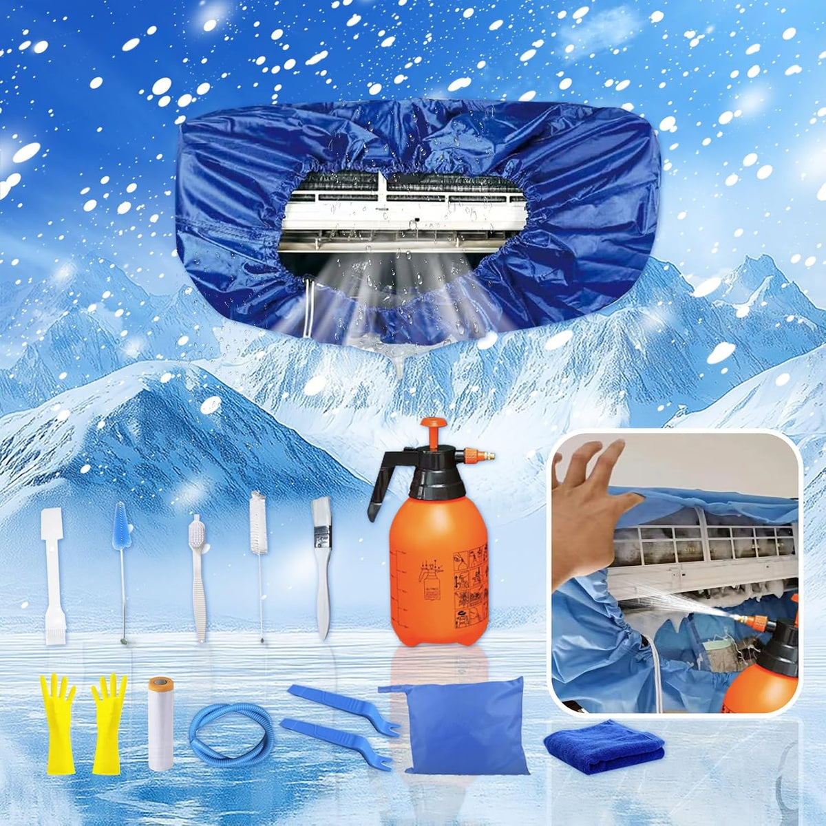  Kit Nettoyage Climatiseur Mural，Kit Nettoyage Climatisation Split，Nettoyage Climatisation Split，Bâche Nettoyage Clim(15 Pièces, Bleu Foncé, Taille Moyenne : 68-98 Cm/27,55-39,37 Pouces)