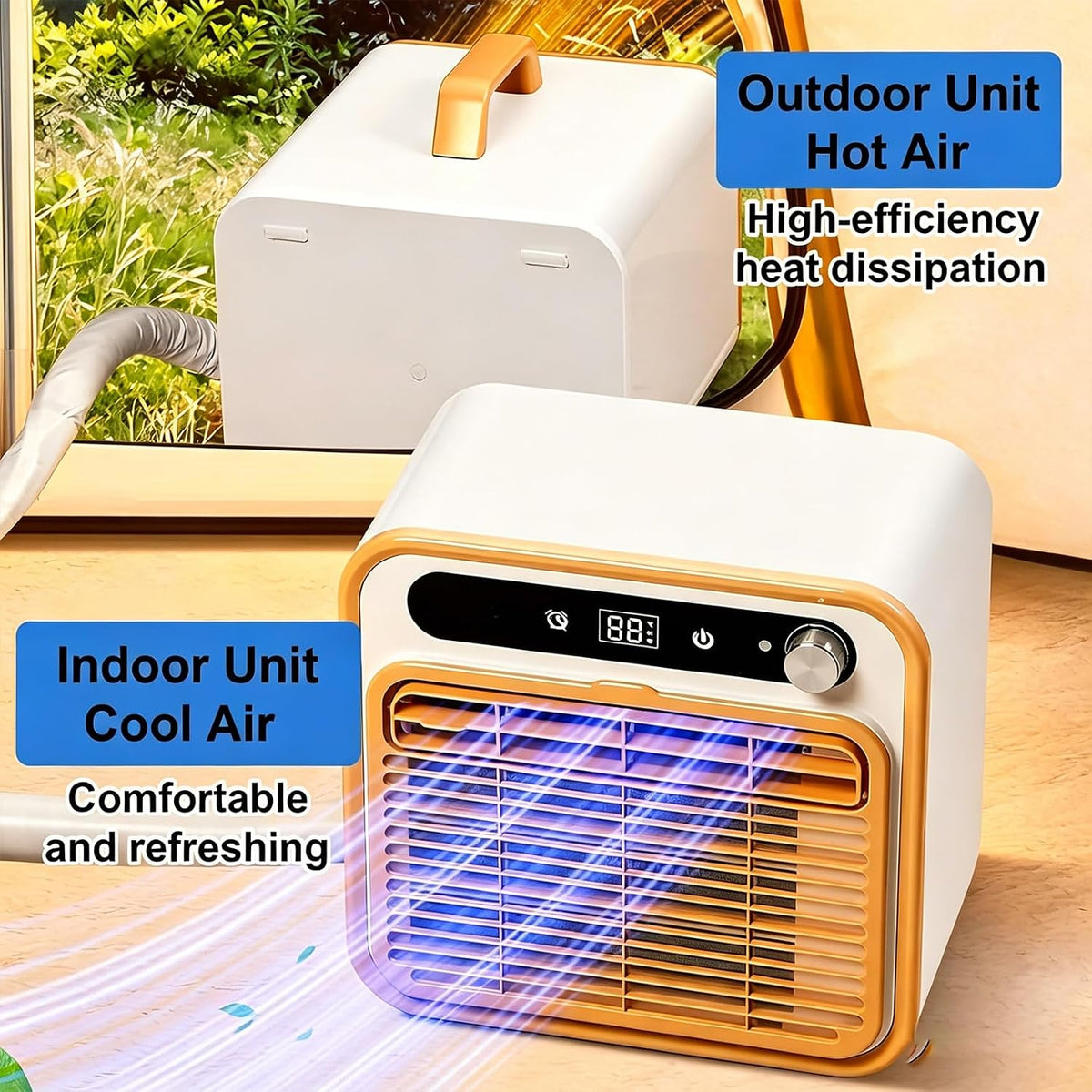 GENERIC Climatiseur Portable Sans Installation Pour Le Camping, Climatiseur Split 1500W Avec Tuyau De 2 M – Minuterie 12H Et Contrôle WiFi/télécommande, Climatiseur Pour Tente, Camion, Camping-Car, Garage