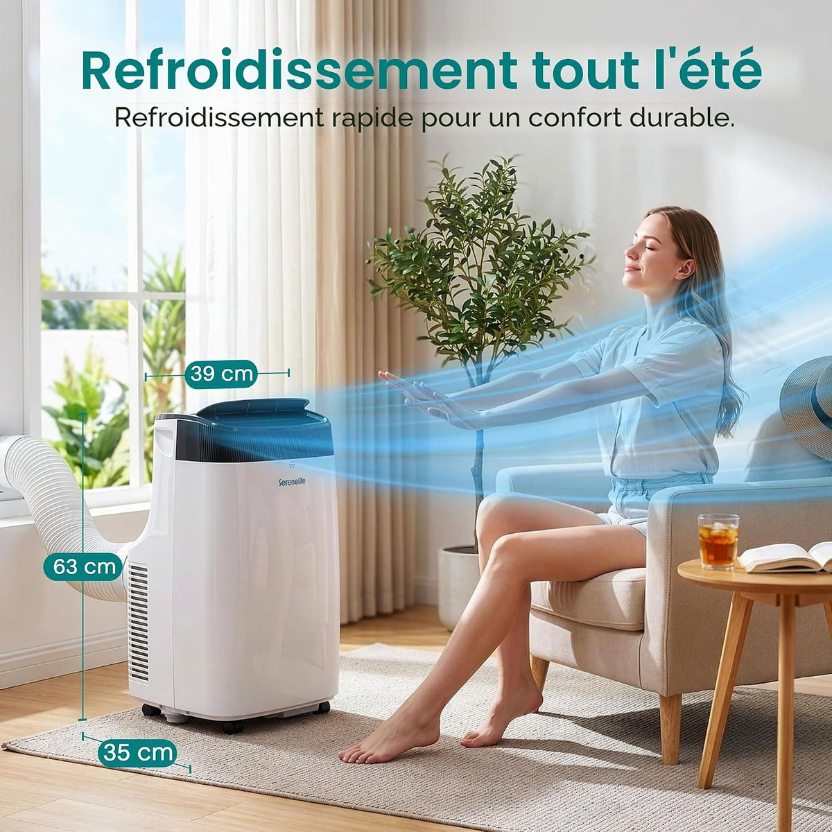  SereneLife Climatiseur Mobile Silencieux,9000 BTU,Climatiseur Portable 3-en-1 Avec Fonction Déshumidificateur Intégré,Mode Ventilateur,Télécommande,Kit D'Évacuation Complet Montable Sur Fenêtre,Blanc