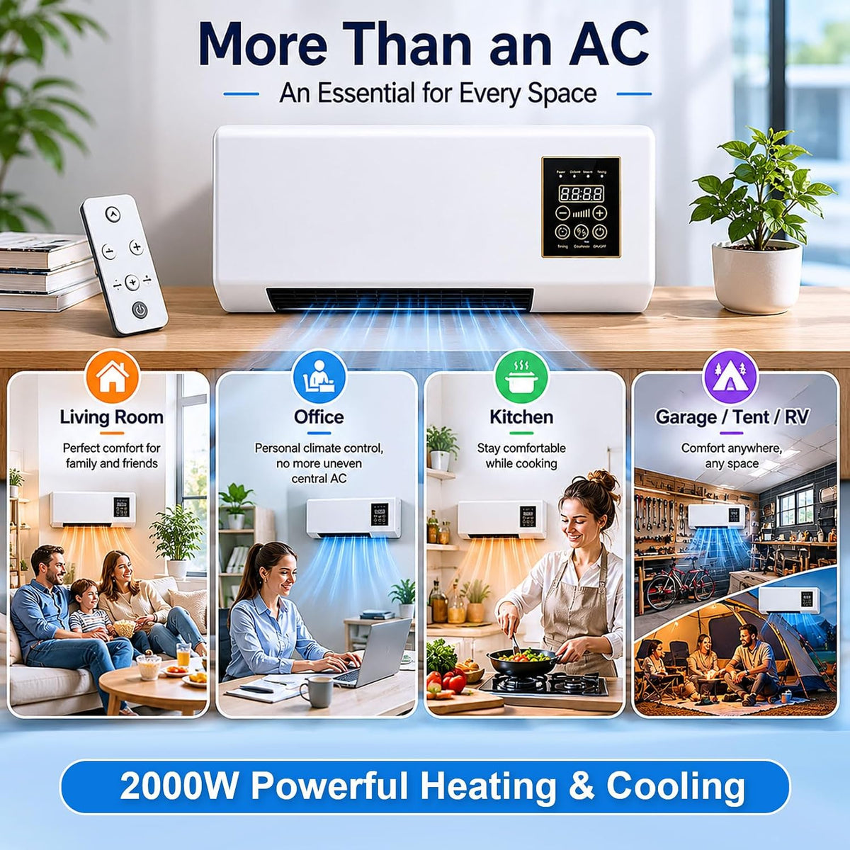  Climatiseur Mural Mobile Sans Évacuation Avec Télécommande | Classe Énergétique A, Réversible Split, Pour Cuisine Et Chambre, Ventilateur Intégré, Climatiseur Portable