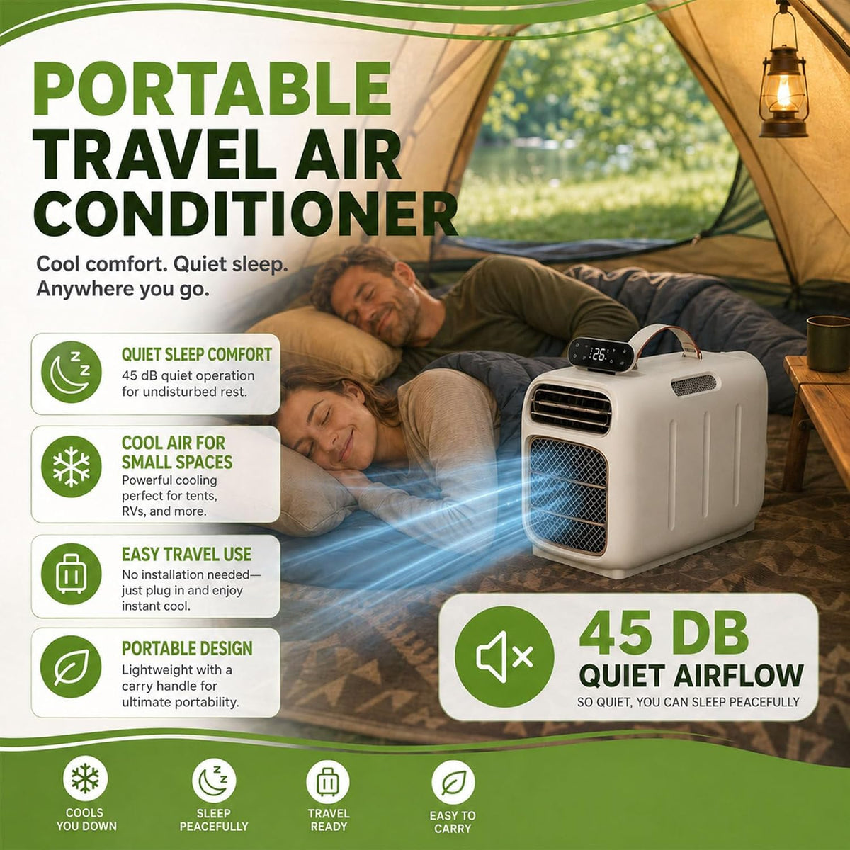  Climatiseur Portable 4700 BTU, AC Mobile 450W Pour Tente RV, Ventilateur De Déshumidificateur De Refroidissement 4-en-1 Avec Contrôle Tactile, Unité D'auto-évaporation Silencieuse Pour Van Life Small