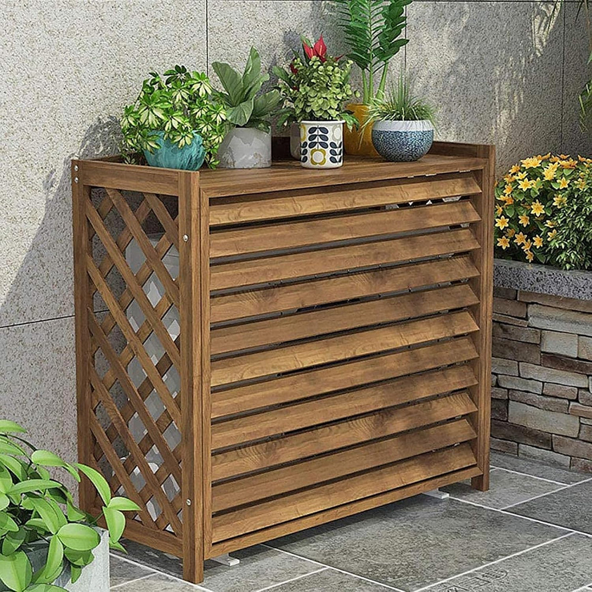 GENERIC Housse De Protection En Bois Pour Climatiseur - Brise-vue - Support De Fleurs Robuste - Protection Pour Unité Extérieure - Décoration De Jardin, Balcon - Support Pour Plantes - Design Résistant Aux