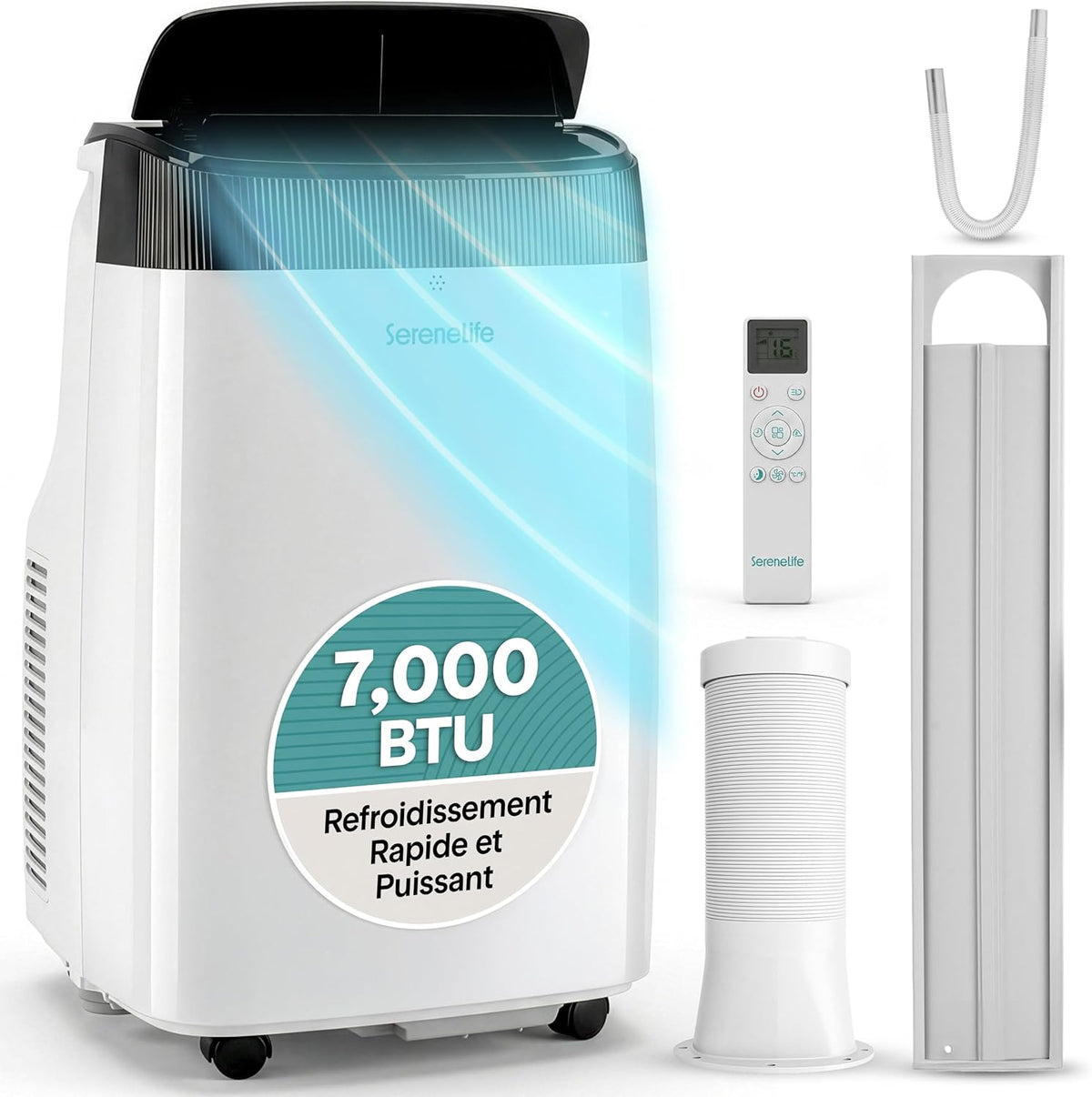  SereneLife Climatiseur Mobile Silencieux,9000 BTU,Climatiseur Portable 3-en-1 Avec Fonction Déshumidificateur Intégré,Mode Ventilateur,Télécommande,Kit D'Évacuation Complet Montable Sur Fenêtre,Blanc