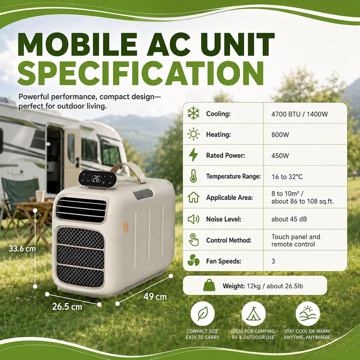  Climatiseur Portable 4700 BTU, AC Mobile 450W Pour Tente RV, Ventilateur De Déshumidificateur De Refroidissement 4-en-1 Avec Contrôle Tactile, Unité D'auto-évaporation Silencieuse Pour Van Life Small