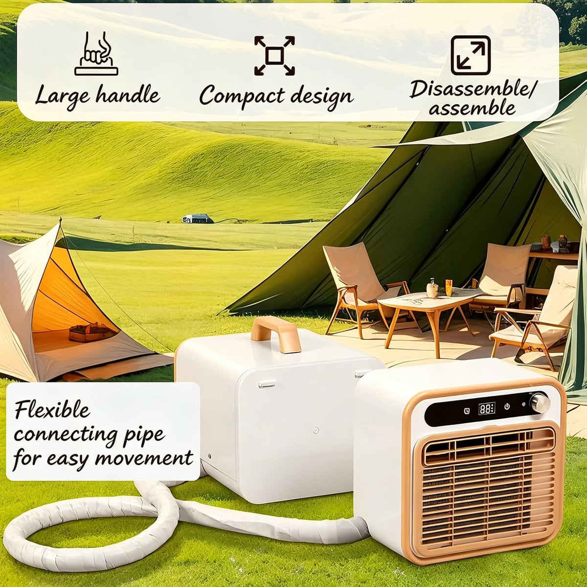 GENERIC Climatiseur Portable Sans Installation Pour Le Camping, Climatiseur Split 1500W Avec Tuyau De 2 M – Minuterie 12H Et Contrôle WiFi/télécommande, Climatiseur Pour Tente, Camion, Camping-Car, Garage