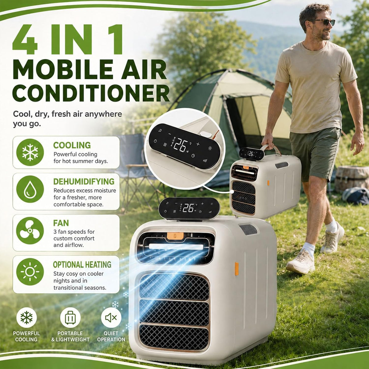 Compact 4700 BTU Portable AC, 450W Mobile Cooler Pour RVs & Tentes, Ventilateur Déshumidificateur 45dB Silencieux Avec Télécommande, Conception Auto-évaporatrice Pour Petits Espaces