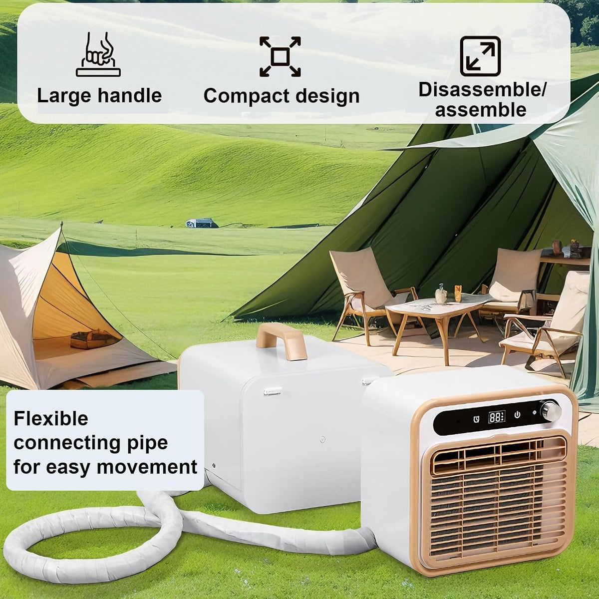  12000 BTU Portable Split AC, Télécommande WiFi, 130m3/h Refroidissement Silencieux Pour Tente, VR, Caravane, Pas De Tuyau Requis, Conception Légère Pour Le Camping Extérieur Et L'utilisation Intérieur