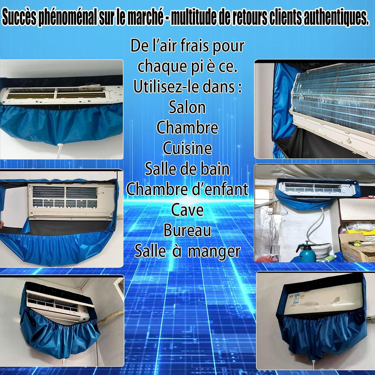  Kit De Nettoyage Pour Climatiseur Split(Panneaux Latéraux Améliorés), Avec Un Espace Supplémentaire Sac De Nettoyage Pour Climatiseur Split(Bleu Foncé, Grand, 18 Pièces)