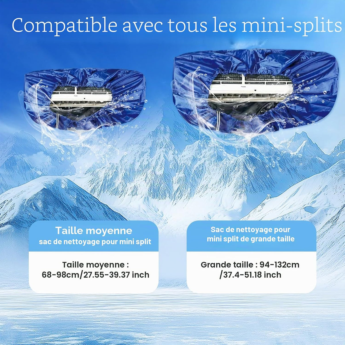  Kit Nettoyage Climatiseur Mural，Kit Nettoyage Climatisation Split，Nettoyage Climatisation Split，Bâche Nettoyage Clim(15 Pièces, Bleu Foncé, Taille Moyenne : 68-98 Cm/27,55-39,37 Pouces)