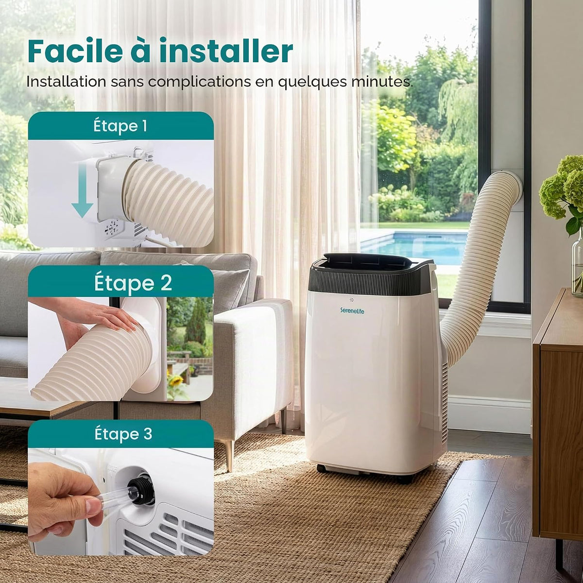 SereneLife Climatiseur Mobile Silencieux,9000 BTU,Climatiseur Portable 3-en-1 Avec Fonction Déshumidificateur Intégré,Mode Ventilateur,Télécommande,Kit D'Évacuation Complet Montable Sur Fenêtre,Blanc