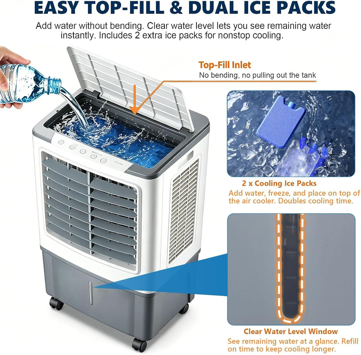 GENERIC Ventilateur Refroidisseur D'air Portable 3 En 1, Réservoir 20 L, Oscillation 120°, 4 Roues, 3 Réglages De Vitesse, Rideau D'eau, Sans Tuyau, 80 W, Comprend 2 Blocs De Glace, For Atelier