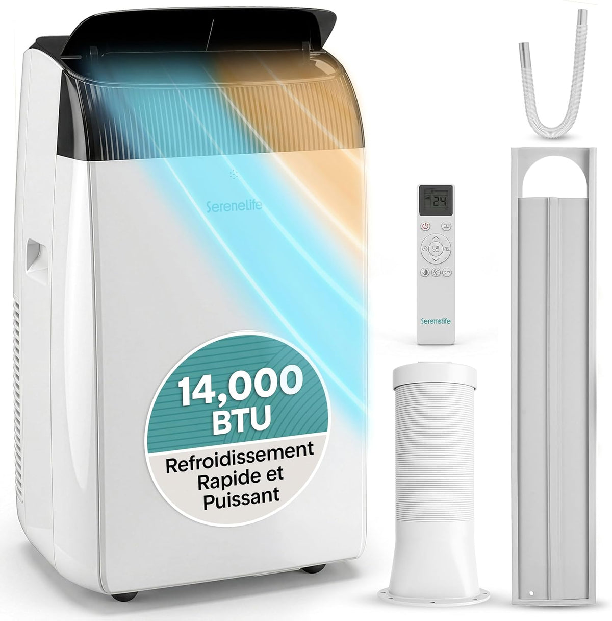  SereneLife Climatiseur Mobile Silencieux,9000 BTU,Climatiseur Portable 3-en-1 Avec Fonction Déshumidificateur Intégré,Mode Ventilateur,Télécommande,Kit D'Évacuation Complet Montable Sur Fenêtre,Blanc
