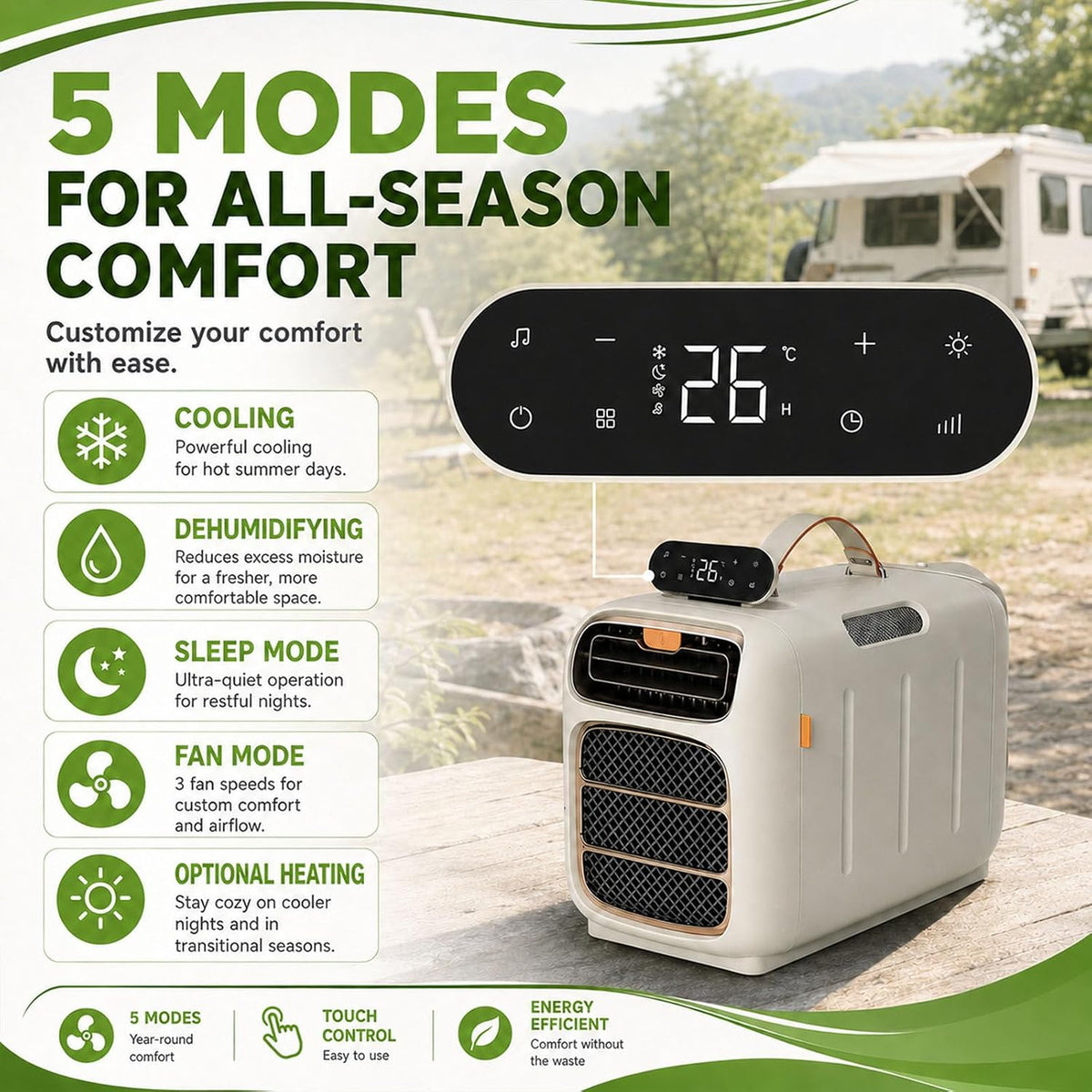  Climatiseur Portable 4700 BTU, AC Mobile 450W Pour Tente RV, Ventilateur De Déshumidificateur De Refroidissement 4-en-1 Avec Contrôle Tactile, Unité D'auto-évaporation Silencieuse Pour Van Life Small