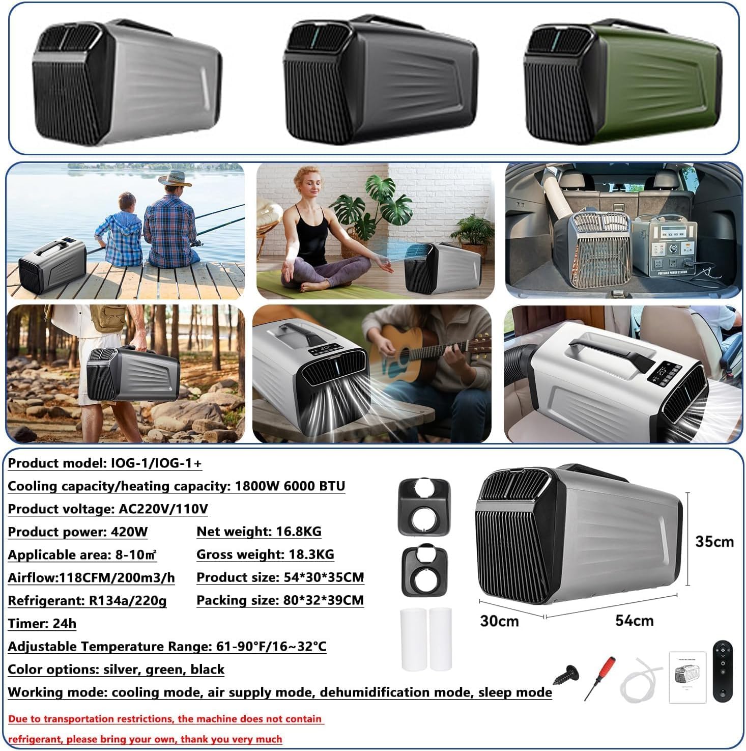  6000 BTU Portable AC Pour Camping RV Tente, 4-en-1 Refroidisseur Ventilateur De Déshumidificateur Avec Télécommande, Ultra Silencieux Faible Puissance, Unité Légère Pour L'extérieur à La Maison