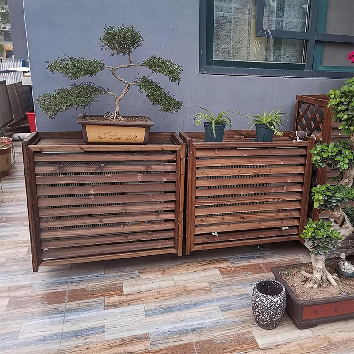 GENERIC Housse De Climatiseur D'extérieur En Bois Et Support De Fleurs à Persiennes En Bois Massif élégant Protecteur De Climatiseur Cache-radiateur à Vapeur Support D'affichage Multifonction